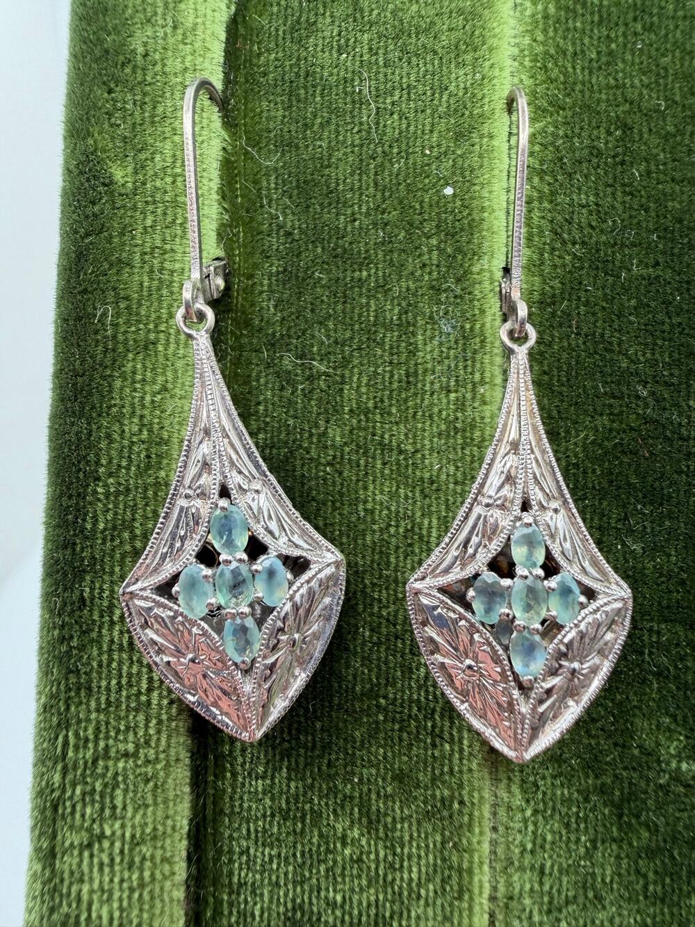 sterling silver Art Deco replica earrings floral filigree and five small topaz